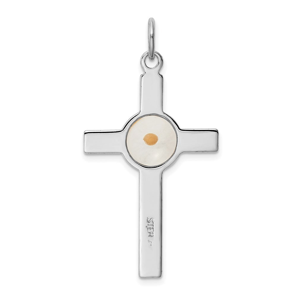 Sterling Silver Rhodium-plated Polshd & Epxy Cross w/Mustard Seed Pendant
