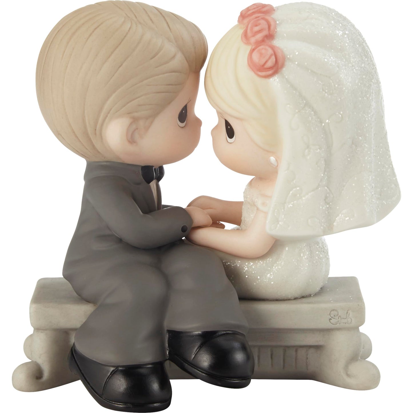 Precious Moments Hand-painted Porcelain Bride And Groom Sitting On Bench Figurine