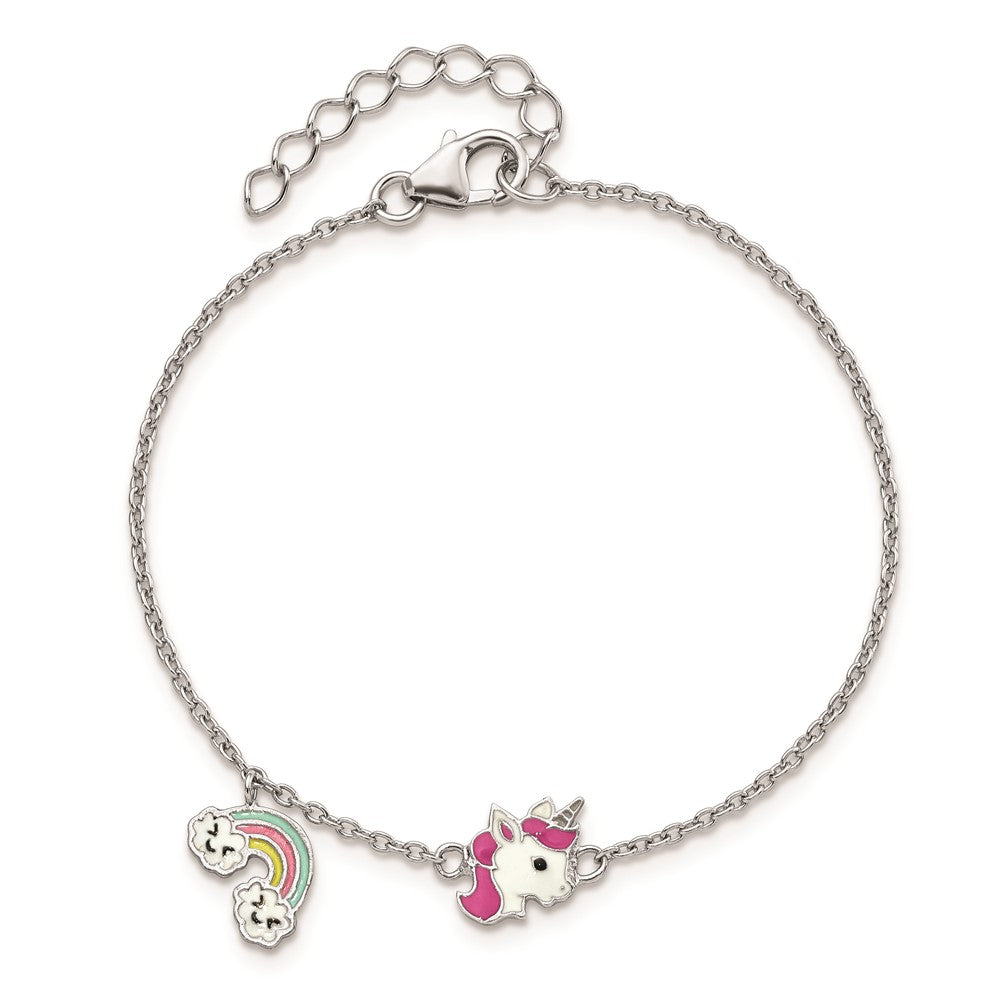 Sterling Silver Rhodium-plated Polished & Multi-color Enameled Unicorn & Rainbow with 1 Inch Extension Children's Bracelet 6.75 inches