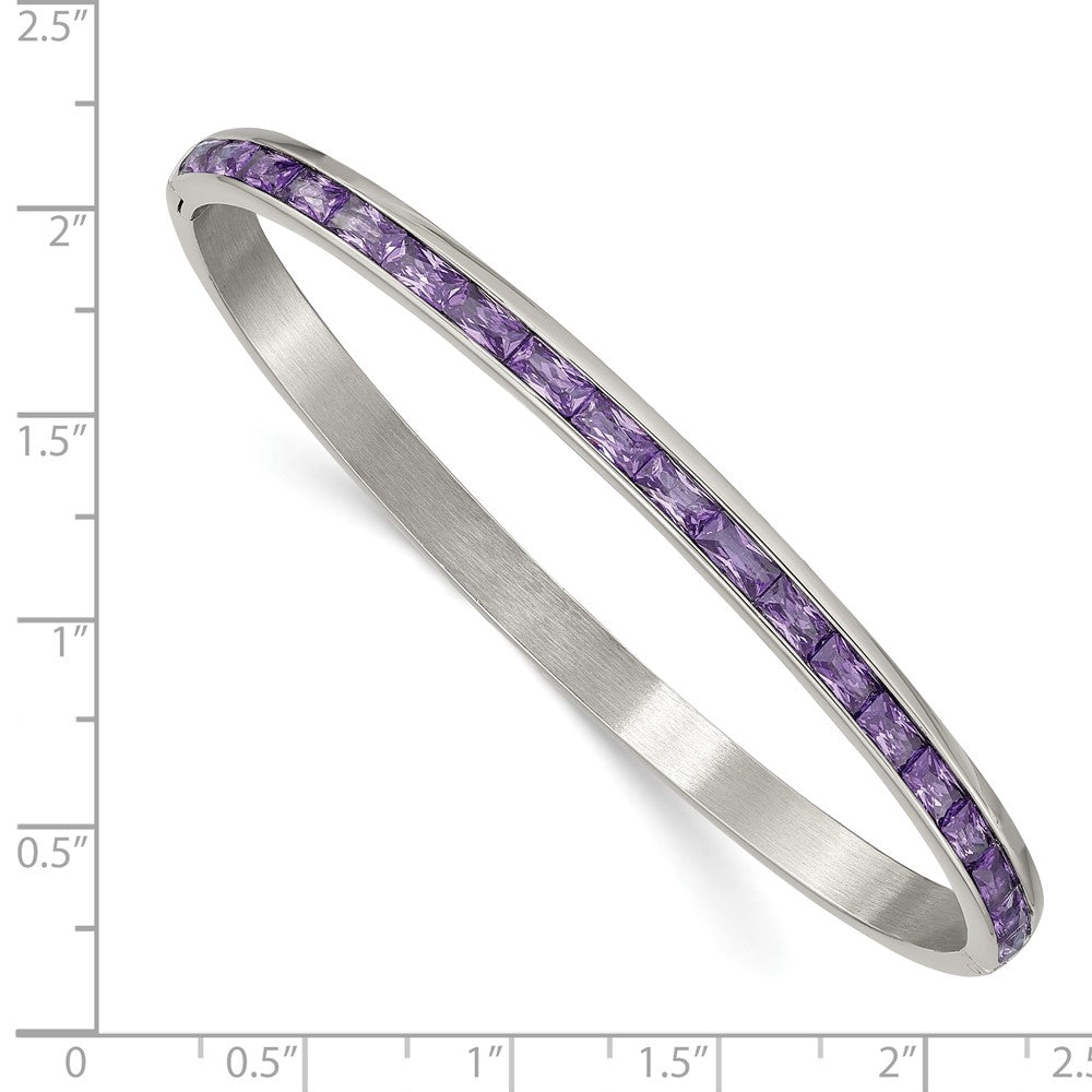 Stainless Steel Polished w/Purple CZ 5mm Hinged Bangle