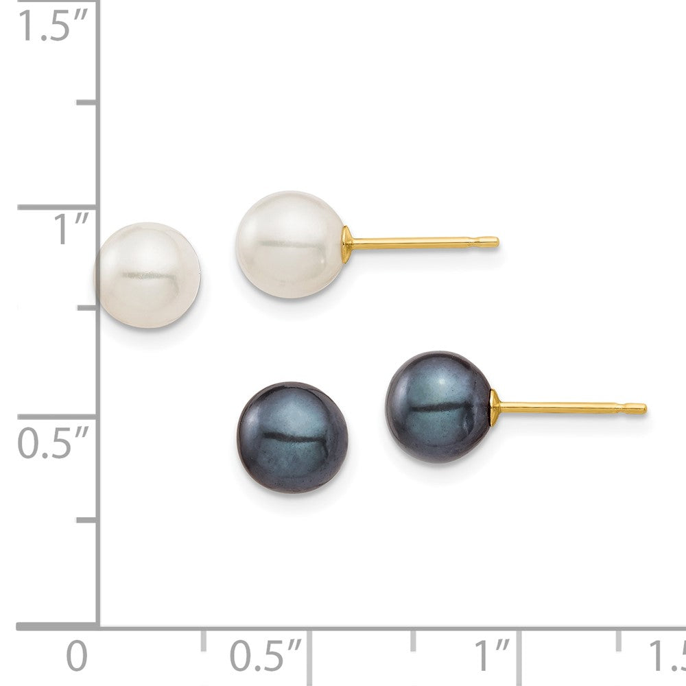 10K 6-7mm Black and White Round Freshwater Pearl 2 Pair Stud Post Earrings Set