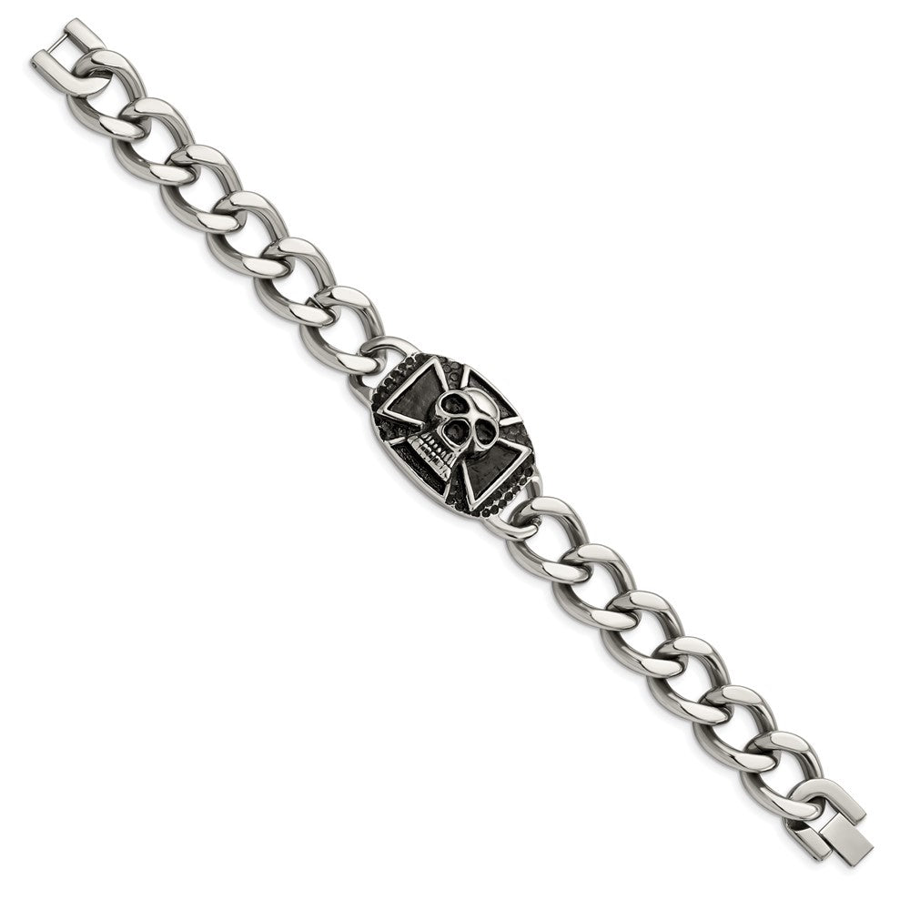 Stainless Steel Antiqued and Polished Skull 9in Bracelet 9 inches