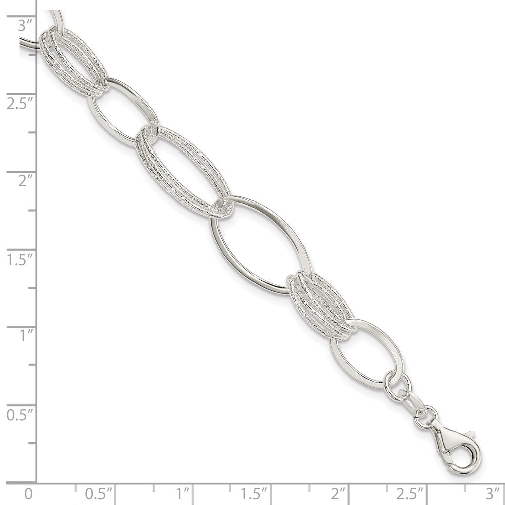 Sterling Silver Polished and Textured Oval Link Bracelet 7.5 inches