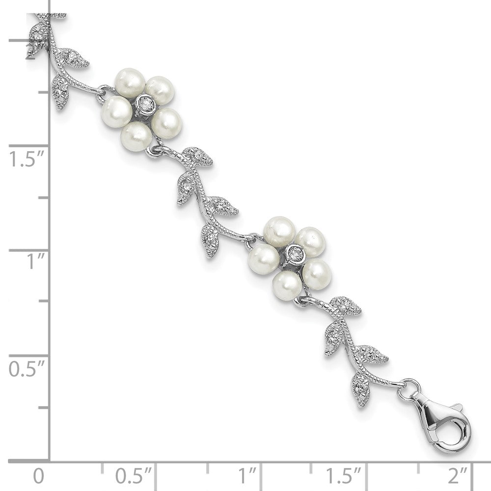 Sterling Silver Rhodium-plated CZ Vine Pattern and Fresheater Cultured Pearl Floral 7 inch Bracelet 7 inches