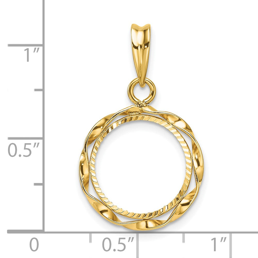 Wideband Distinguished Coin Jewelry 14k Polished Hand Twisted Ribbon and Diamond-cut 13.0mm Prong Coin Bezel Pendant