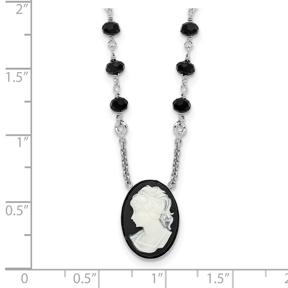 Sterling Silver Rh-plated Black Glass Beads Resin Cameo 1.5in ext.