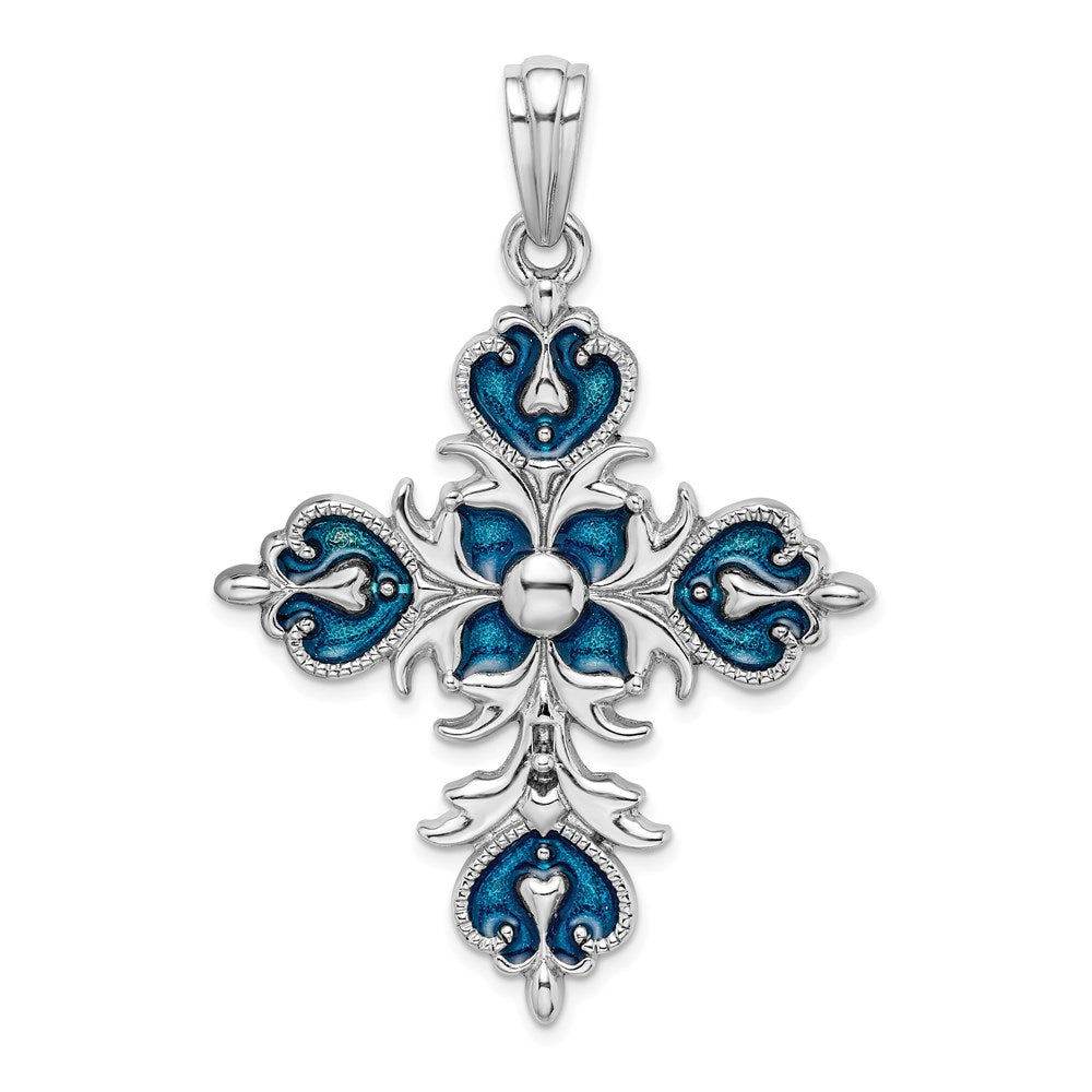 Sterling Silver Polished Enameled Large Fleur de Lis Cross Pendant