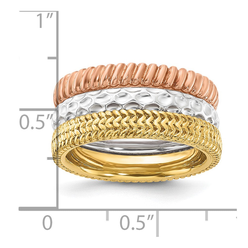 Sterling Silver Stackable Expressions Gold-tone & Rose-tone Textured Pattern 3 Ring Set