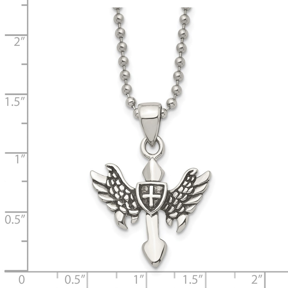 Stainless Steel Antiqued and Polished Cross with Wings 20in Necklace