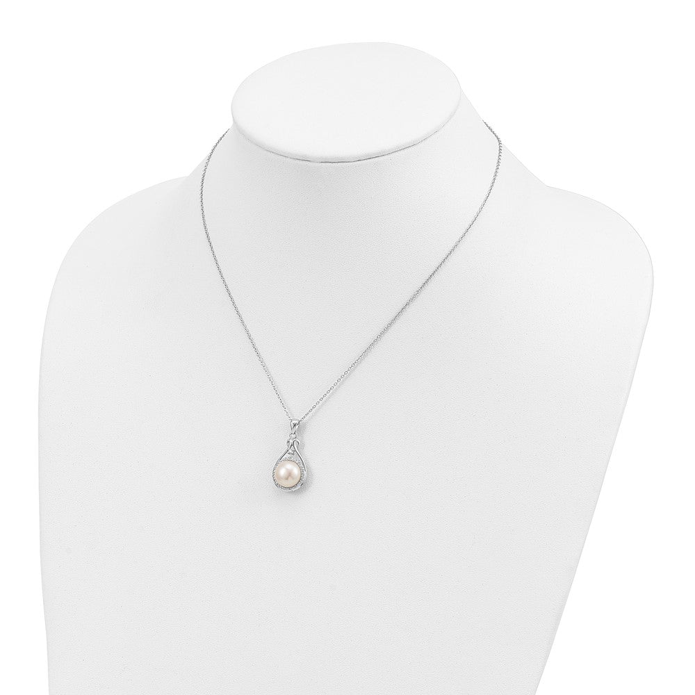 Sterling Silver Rhodium-plated 10-11mm White Button Freshwater Cultured Pearl and CZ 17 inch Necklace 17 Inches