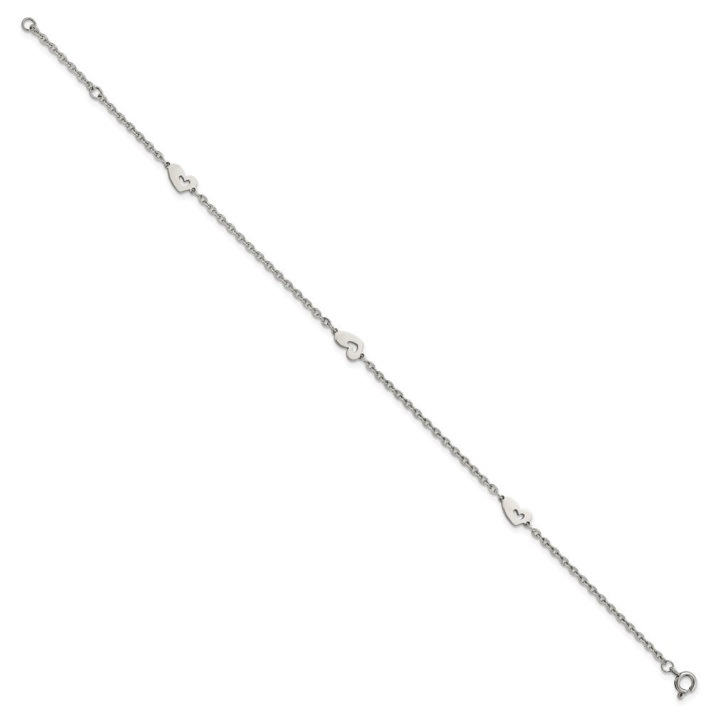 Stainless Steel Polished Hearts 9in Plus 1in ext Anklet