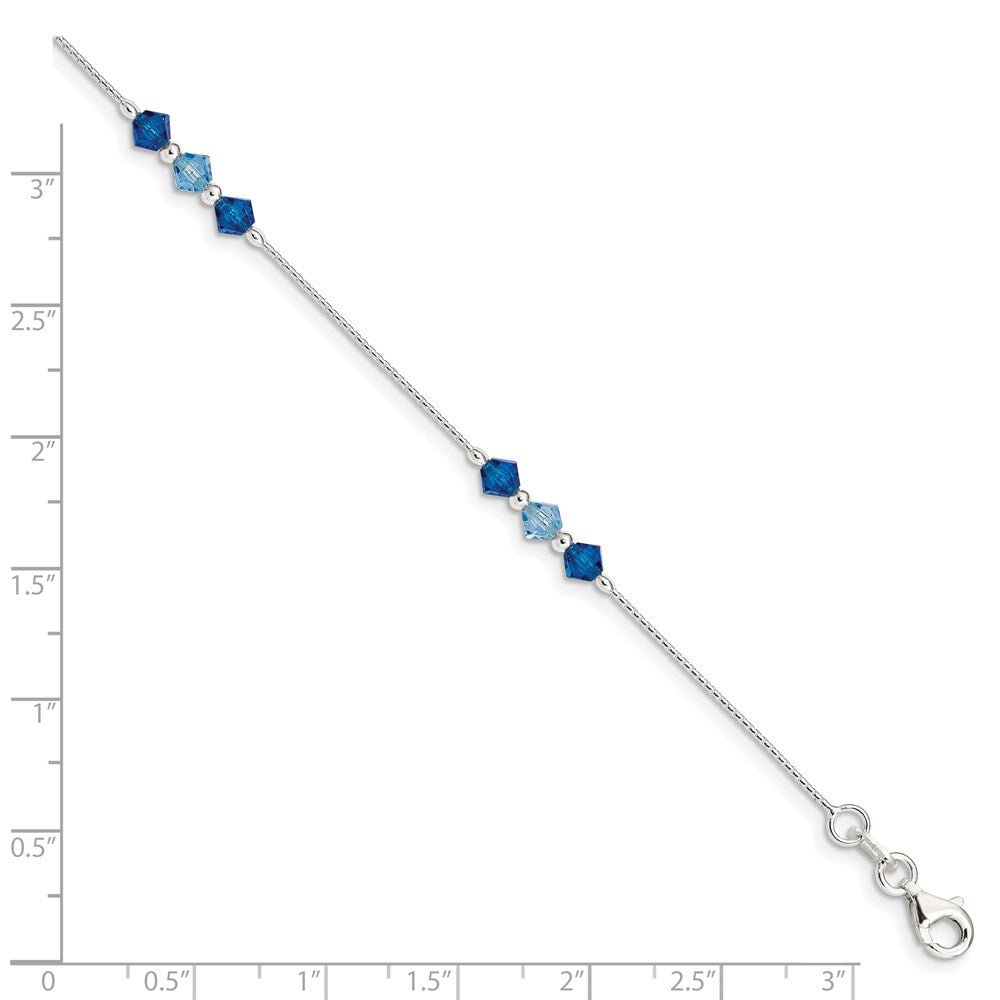 Sterling Silver Polished Aquamarine Capri Blue Glass Bead Bracelet 7.5 inches