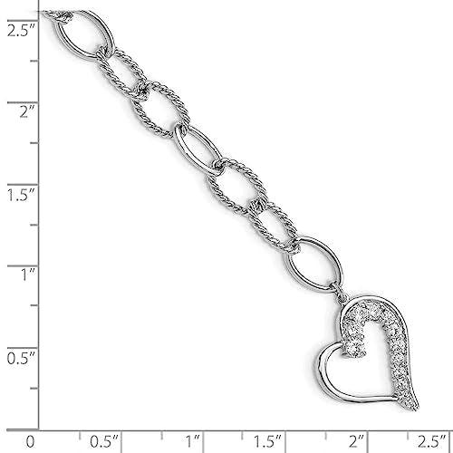 Sterling Silver Rhodium Plated Journey Heart CZ Dangle Bracelet 7.5 inches