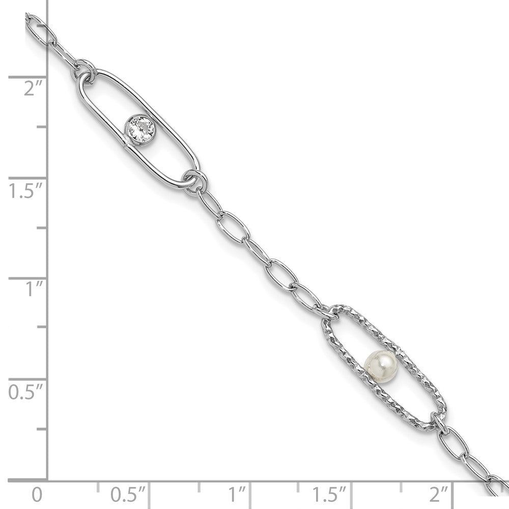 Sterling Silver Rh-plated CZ and Crystal Pearl w/1in ext. Bracelet