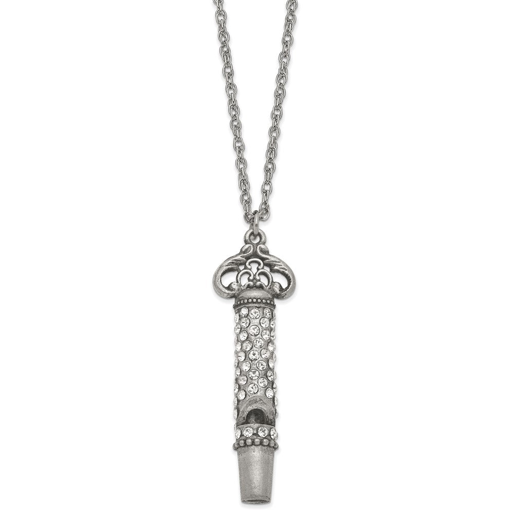 1928 Pewter-tone 30in White Crystal Functional Whistle Necklace