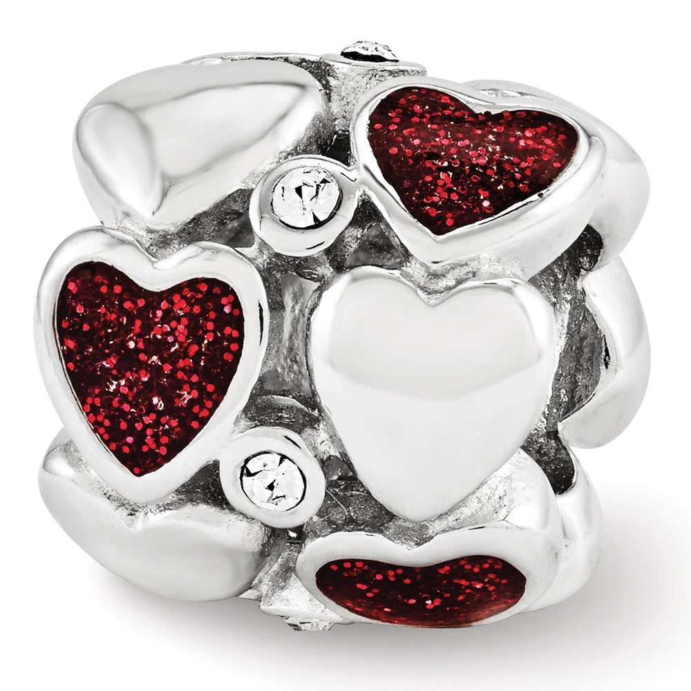 Sterling Silver Reflections Red Enamel Crystal Hearts Bead