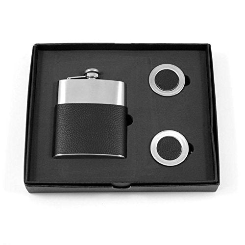 Bey-Berk International FS757 7 oz Stainless Steel Flask with Leather Wrap, Captive Cap & Durable Rubber Seal 2 Collapsible Cups Gift Set - Black & Silver