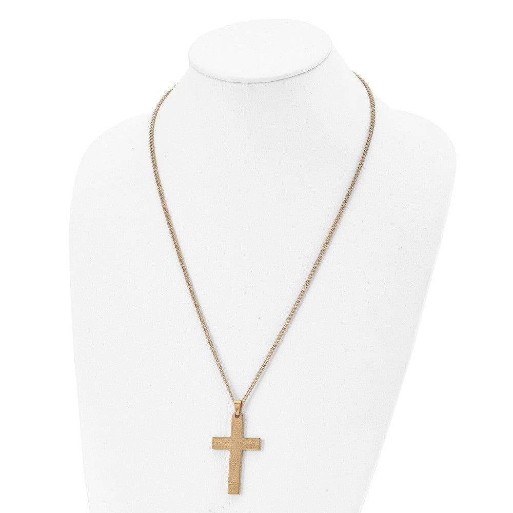 Stainless Steel Polished Yellow IP-plated Lord's Prayer Cross 24" Necklace