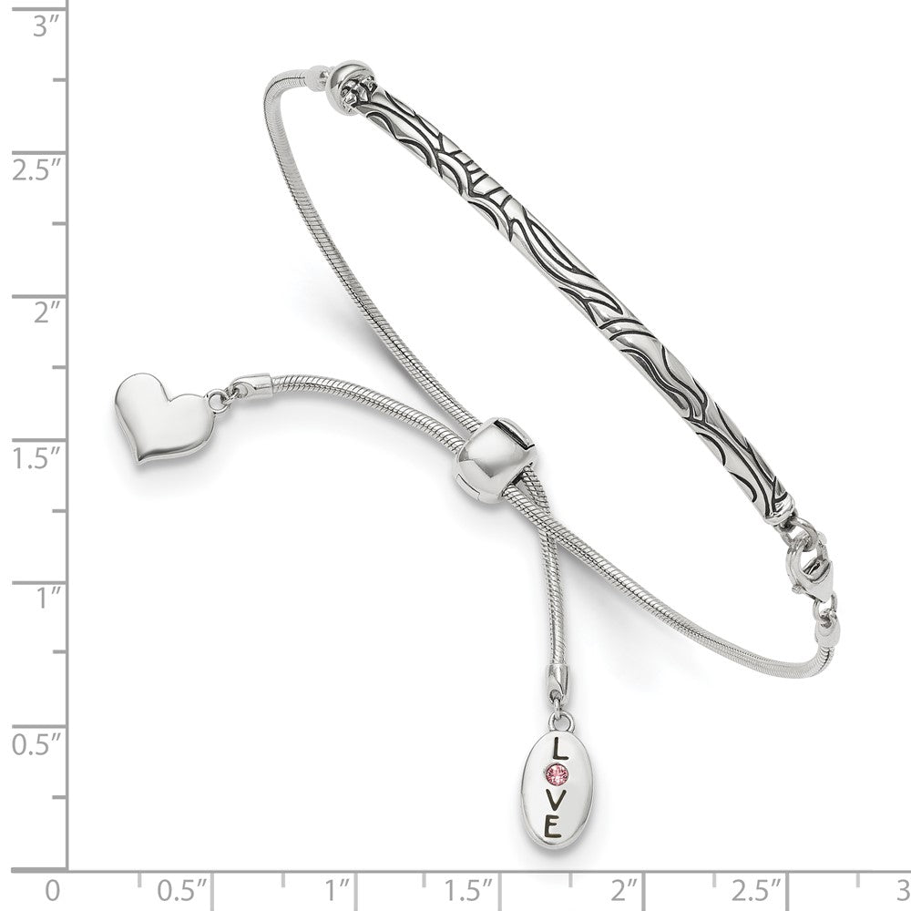 Sterling Silver Antiqued Reflections Crystal Love Heart Adjust Bracelet 9 inches