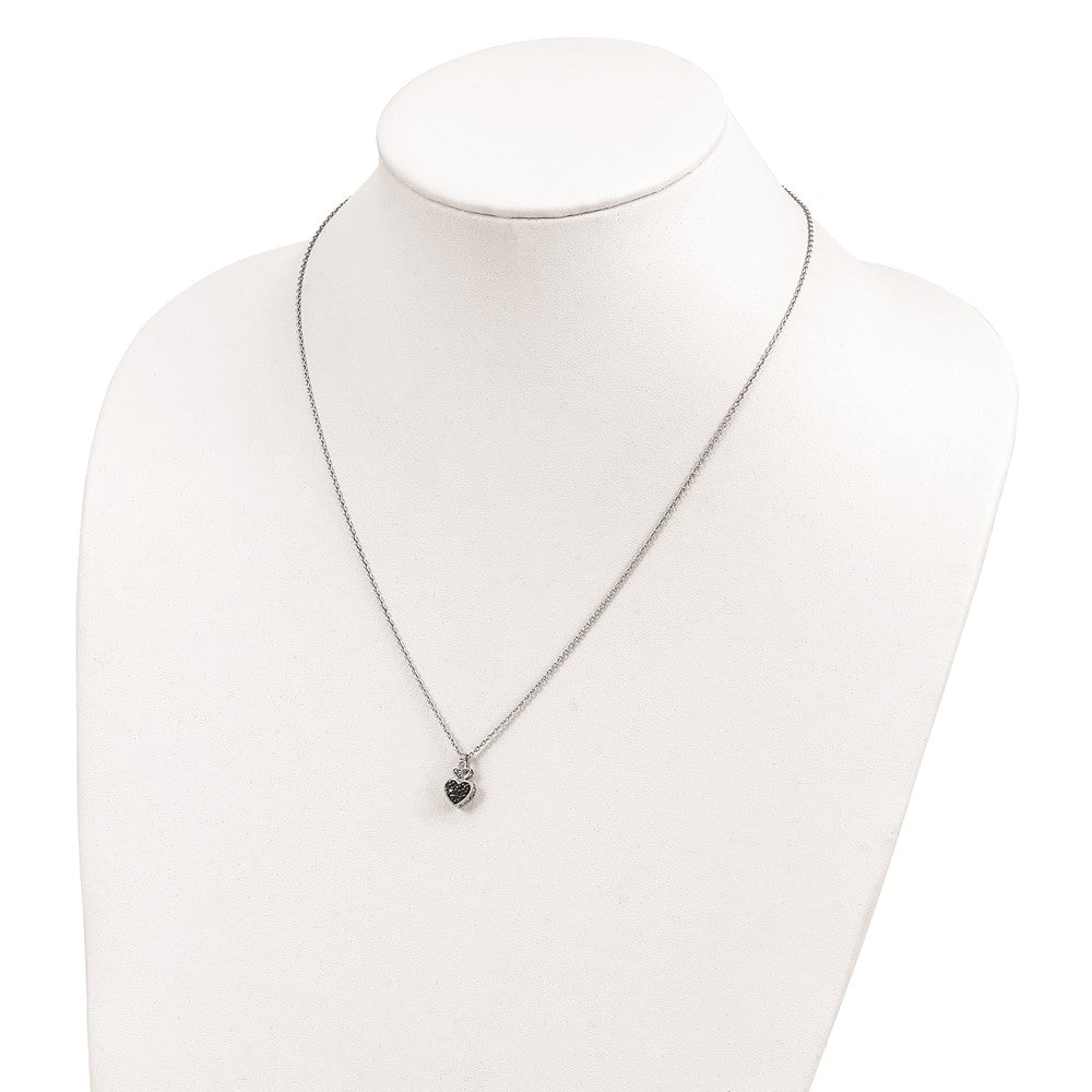 White Night Sterling Silver Rhodium-plated White and Black Diamond Heart 18 Inch Necklace with 2 Inch Extender 18 Inches