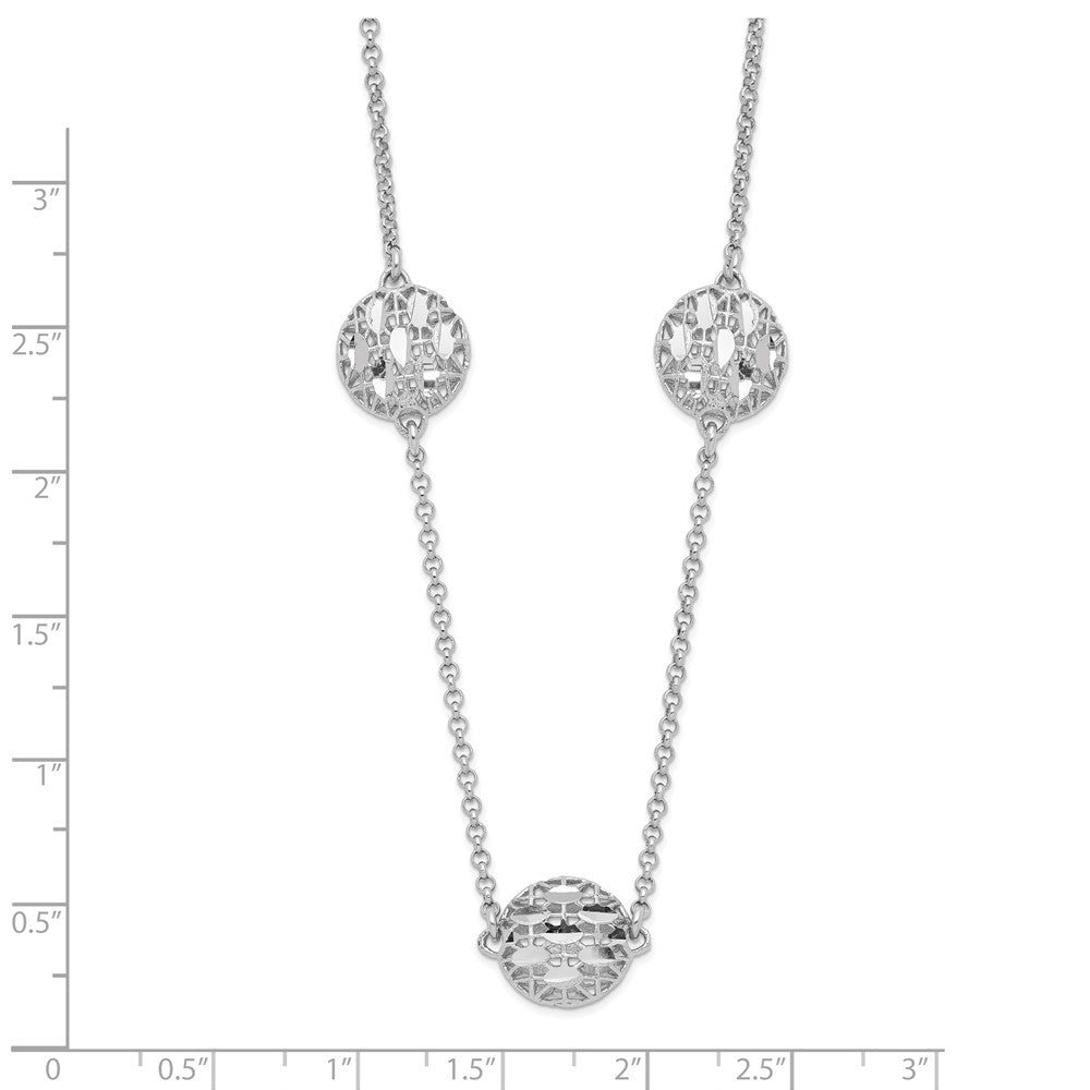 Sterling Silver Rhodium-plated D/C Mesh Bead w/2in. Ext. Necklace