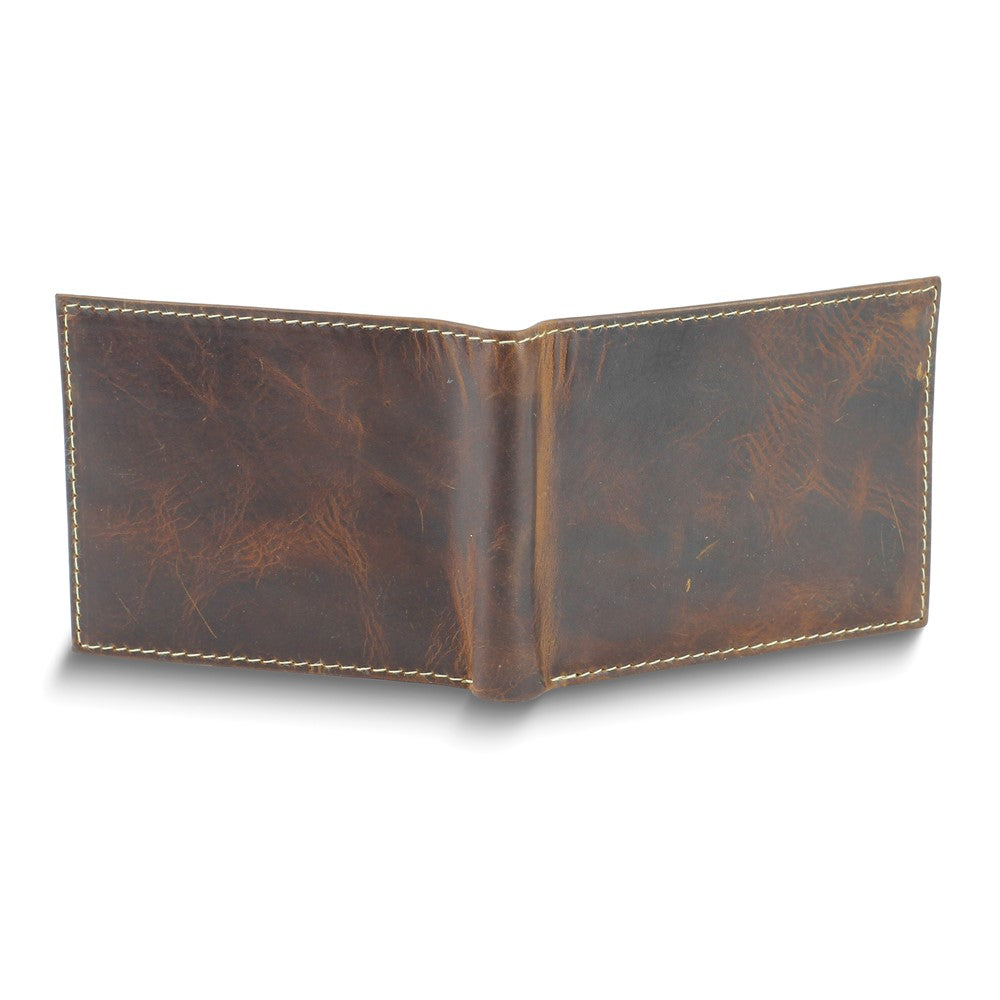 Brown Oiled Leather RFID Blocking Pass Case Top Flap 9-Slot Bifold Wallet with ID Window