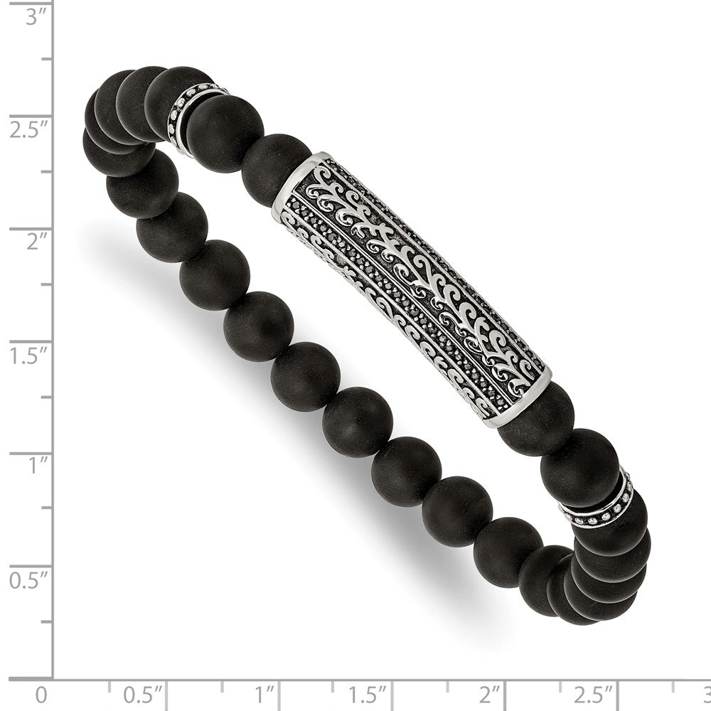 Stainless Steel Antiqued & Polished with Black CZ & Agate Stretch Bracelet