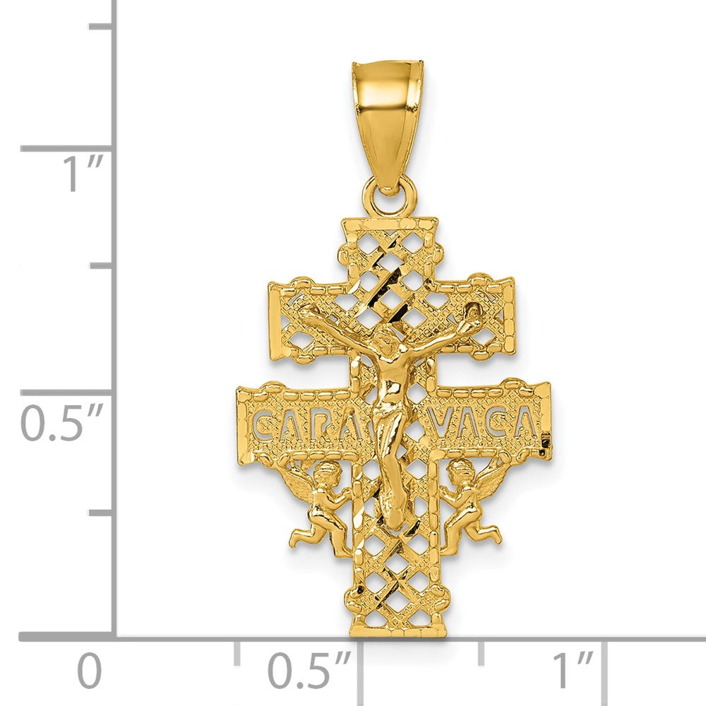 14k Polished Diamond-cut Pierced Lattice Design Cara Vaca Cross Pendant