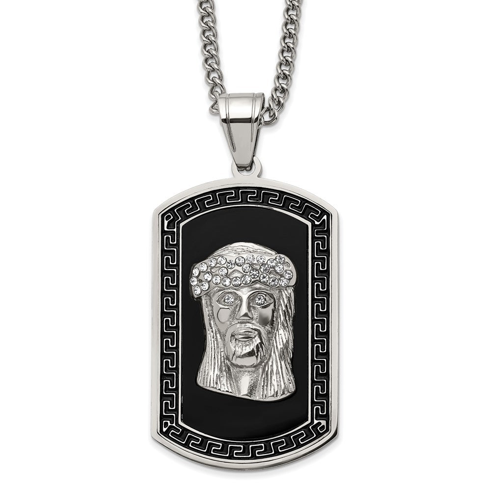Stainless Steel Polished DogTag Black Enamel & Crystal Jesus 24in Necklace