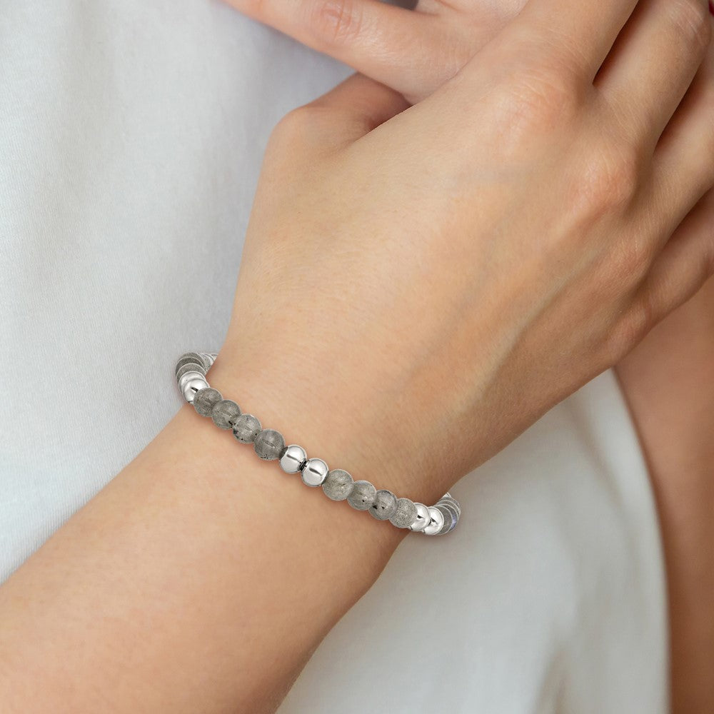 Stainless Steel Polished Grey Quartz Beaded Stretch Bracelet 7.25 inches