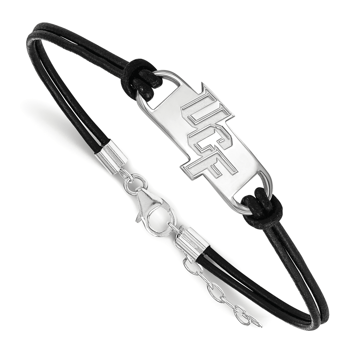Sterling Silver Official Licensed Collegiate 7in University of Central Florida (UCF) Small Center Leather Bracelet