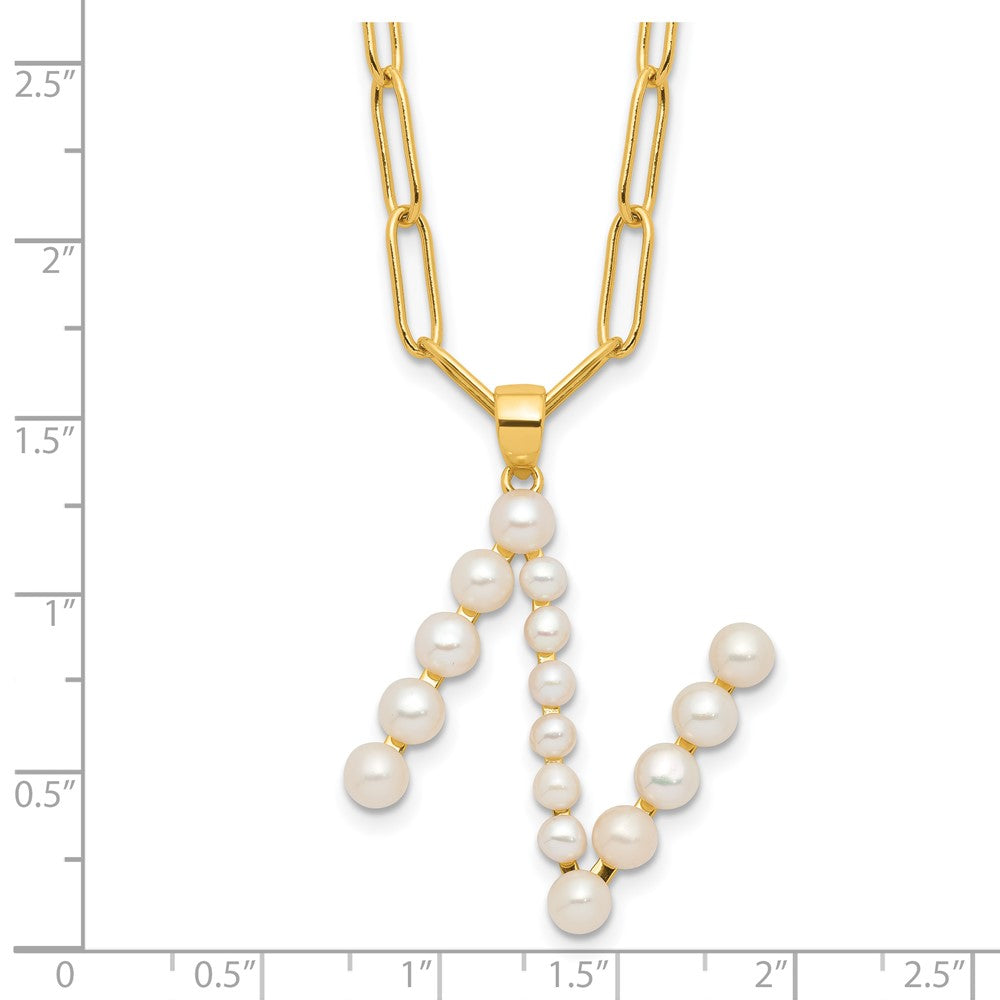 Sterling Silver Gold-plated 3-5.5mm White Button Freshwater Cultured Pearl LETTER N 18 inch Necklace