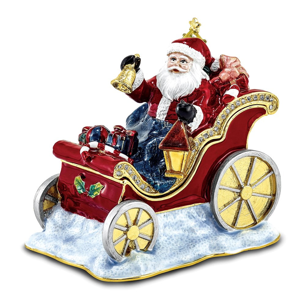 Luxury Giftware by Jere Bejeweled Crystals Gold-tone Enameled CRUISIN' SANTA in Sleigh Trinket Box with Matching 18 Inch Necklace QBJ4030