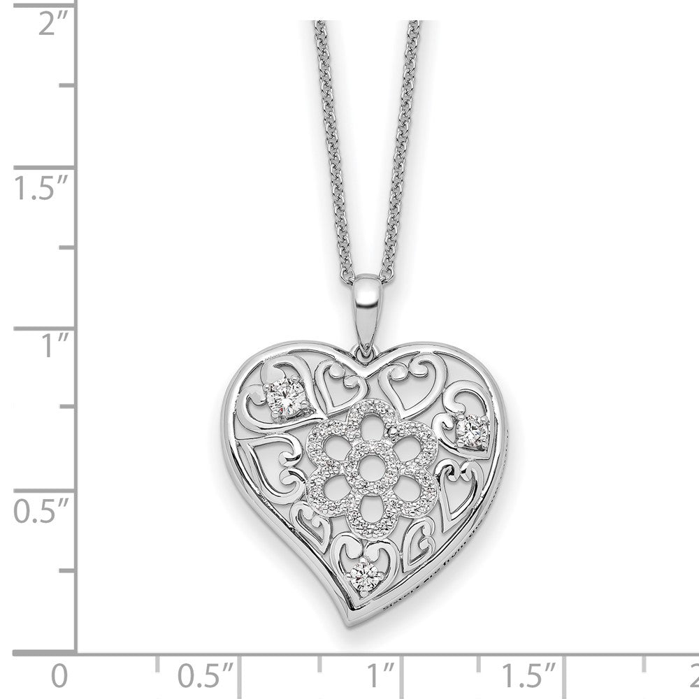 Sentimental Expressions Sterling Silver Rhodium-plated CZ Antiqued Sisterhood Flower Heart 18in Necklace