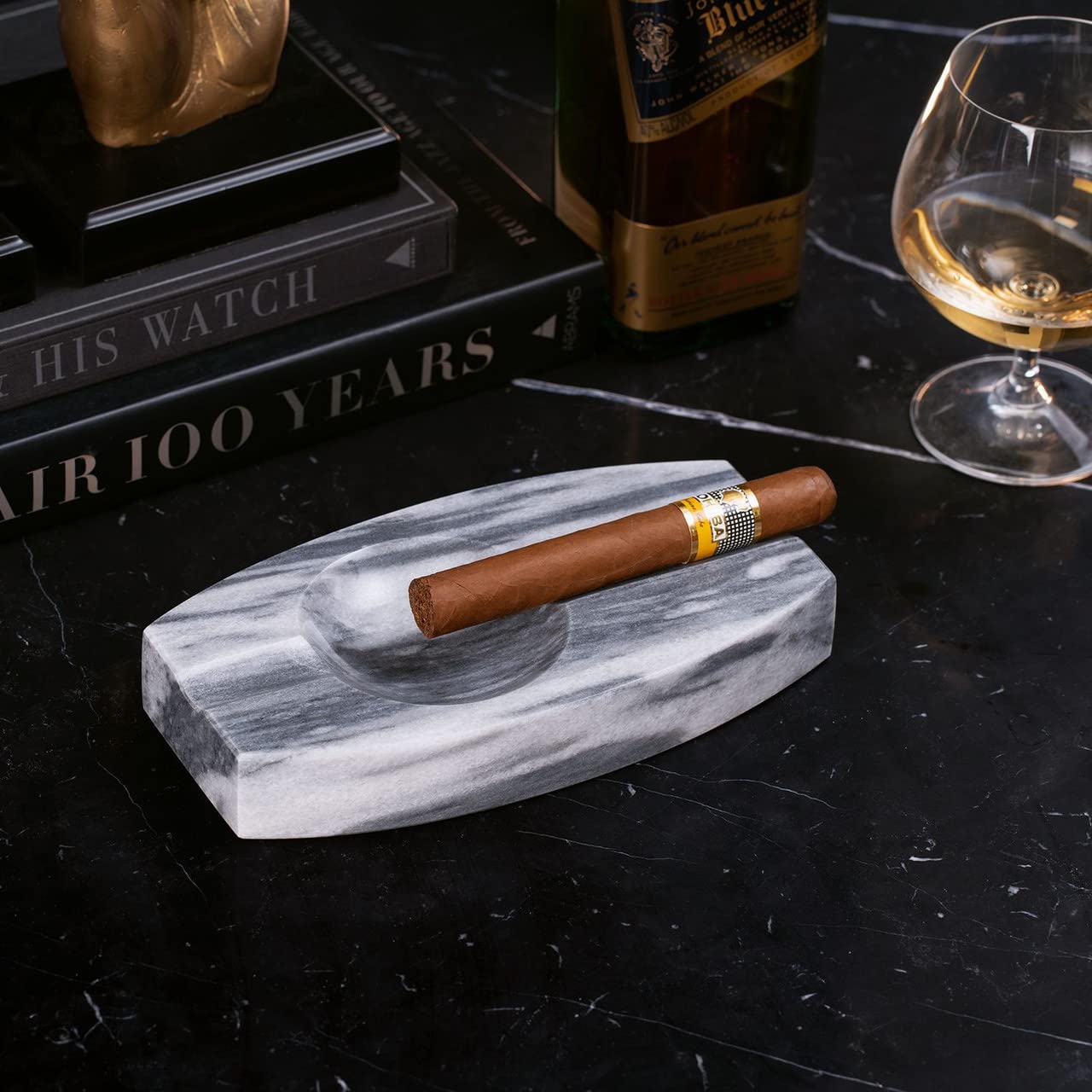 Bey-Berk International C305 Oval Two Cigar Marble Ashtray, Black Zebra