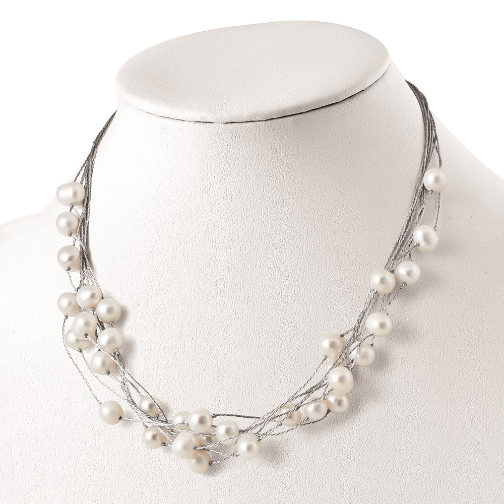 Sterling Silver Rhodium-plated 8-10mm White Semi-Round Freshwater Cultured Pearl Multi Strand 18 inch Necklace 18 Inches