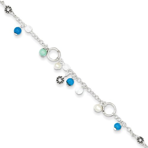Sterling Silver Turquoise/Clear Bead/FW Cultured Pearl Anklet 9 inches