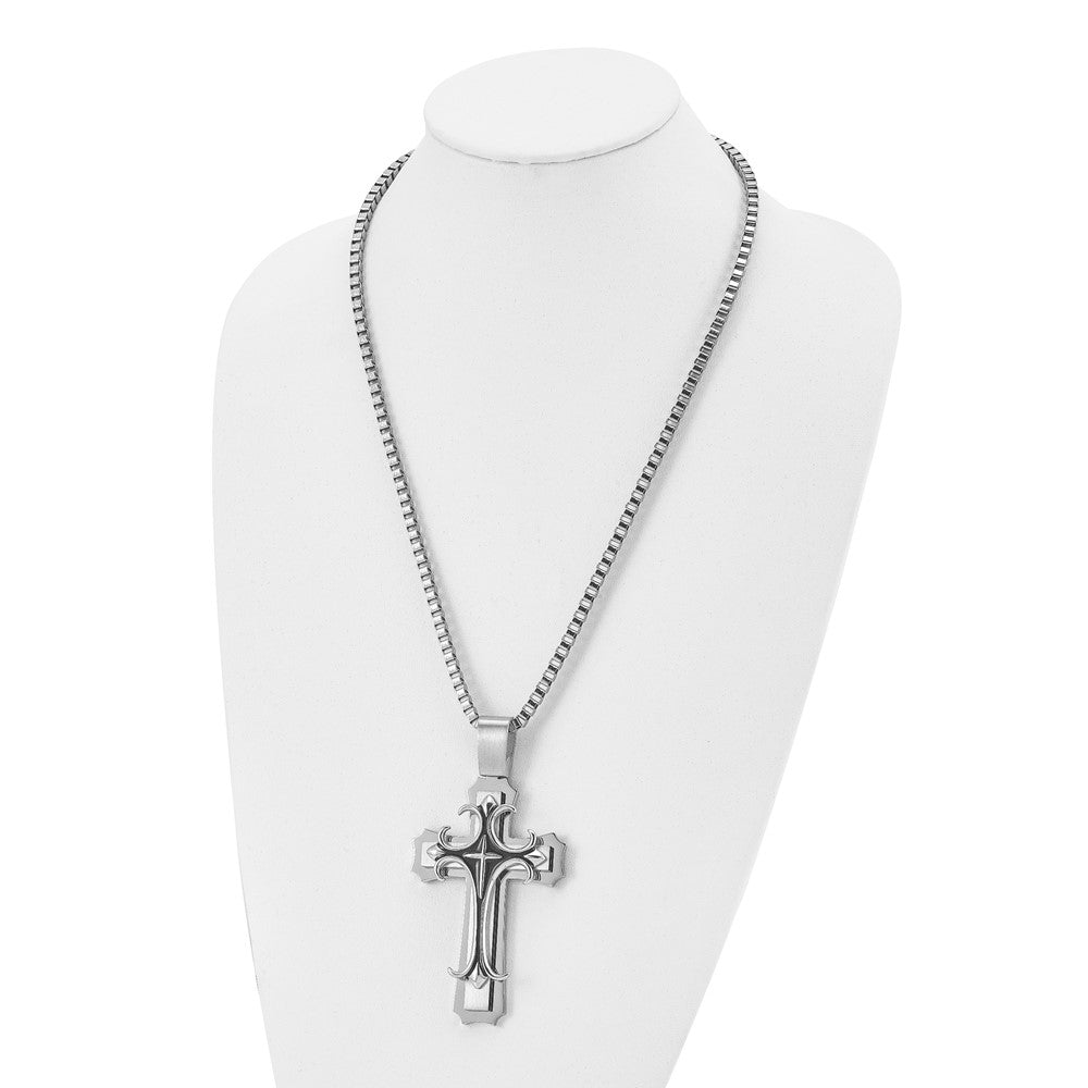 Stainless Steel Brushed and Polished w/Black Enamel Cross 24in Necklace