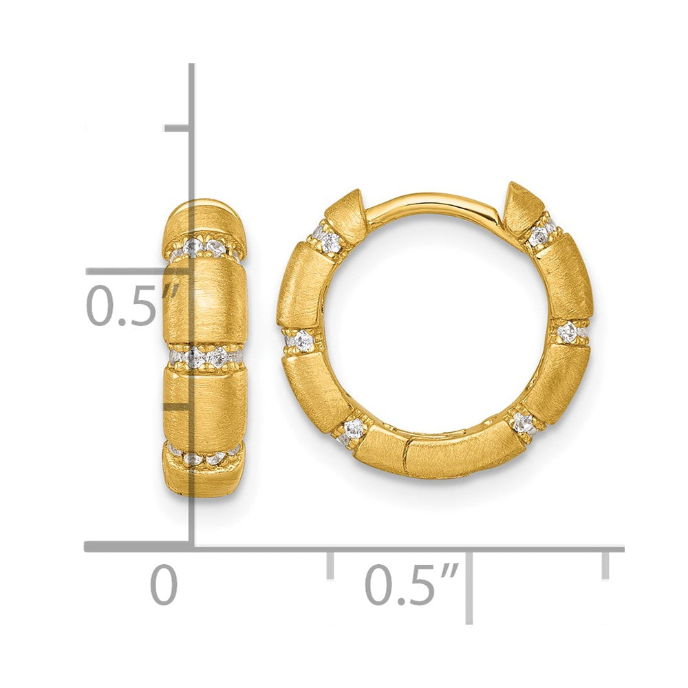 Sterling Silver Gold-Tone Polished and Textured CZ 4.0mm Round Hinged Hoop Earrings