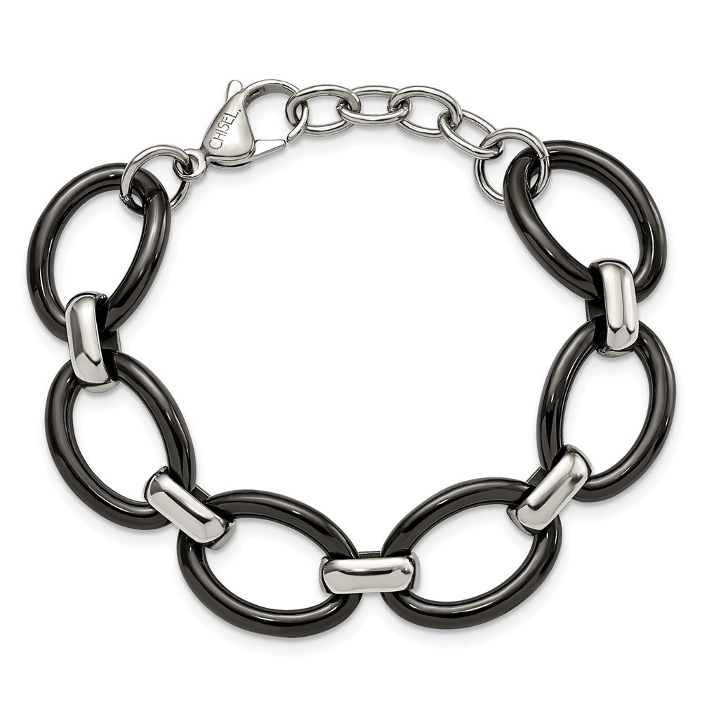 Stainless Steel Polished w/Black Ceramic w/1in ext. 7in Bracelet
