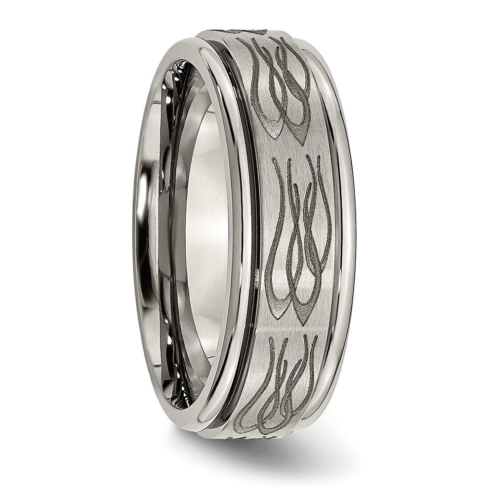 Titanium Brushed & Polished Flame Laser Design 8mm Ridged Edge Band Size - 9.5