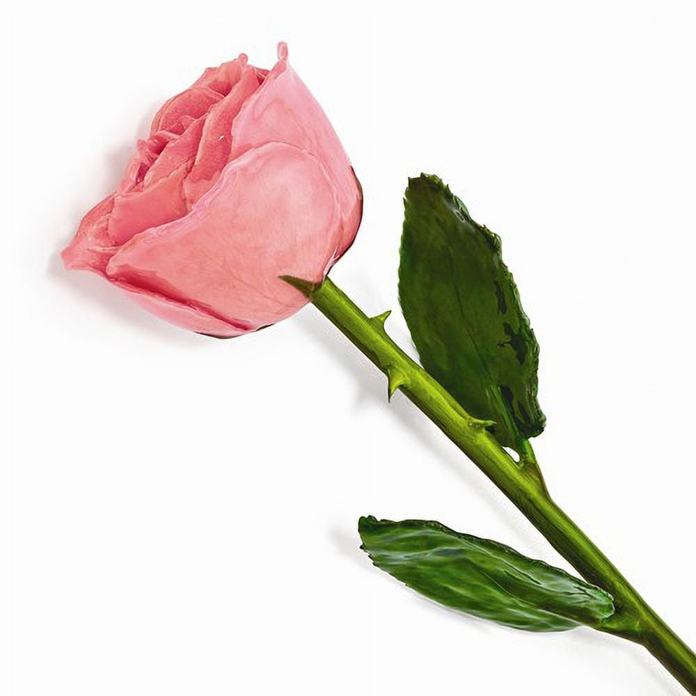 Lacquer Dipped Natural Pink Rose w/Green Leaves & Stem