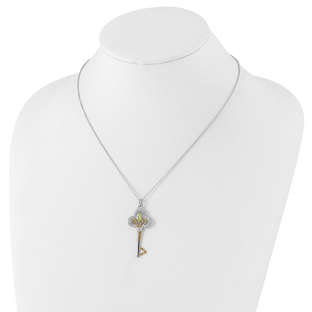 Sentimental Expressions Sterling Silver & Gold-plated Polished August Green & Clear CZ Birthstone Key Necklace