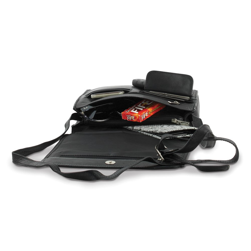 Black Leather Medium Organizer Crossbody Bag with Adjustable Strap and Phone Pockets