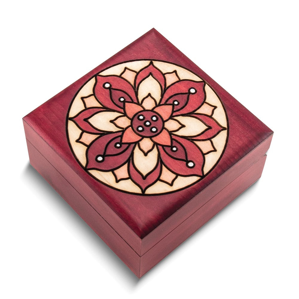 Handcrafted Solid Wood Red Floral Carved and Painted Square Keepsake Box