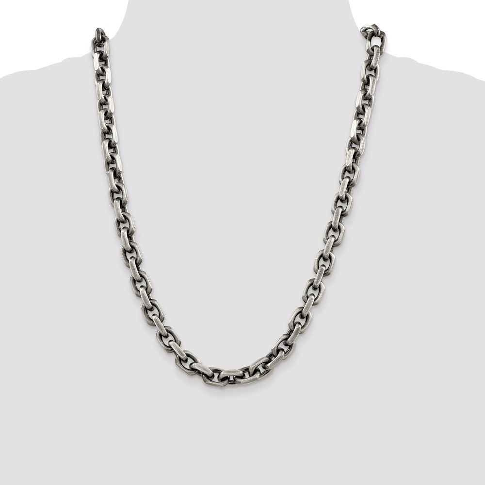 Sterling Silver Antiqued 8.6mm D/C Elongated Open Link Chain 24 Inches