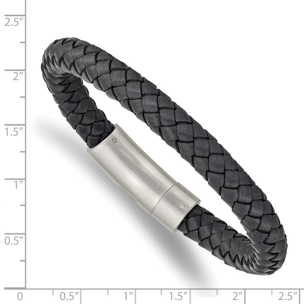 Stainless Steel Brushed Grey Leather 8.25in Bracelet 8.25 inches
