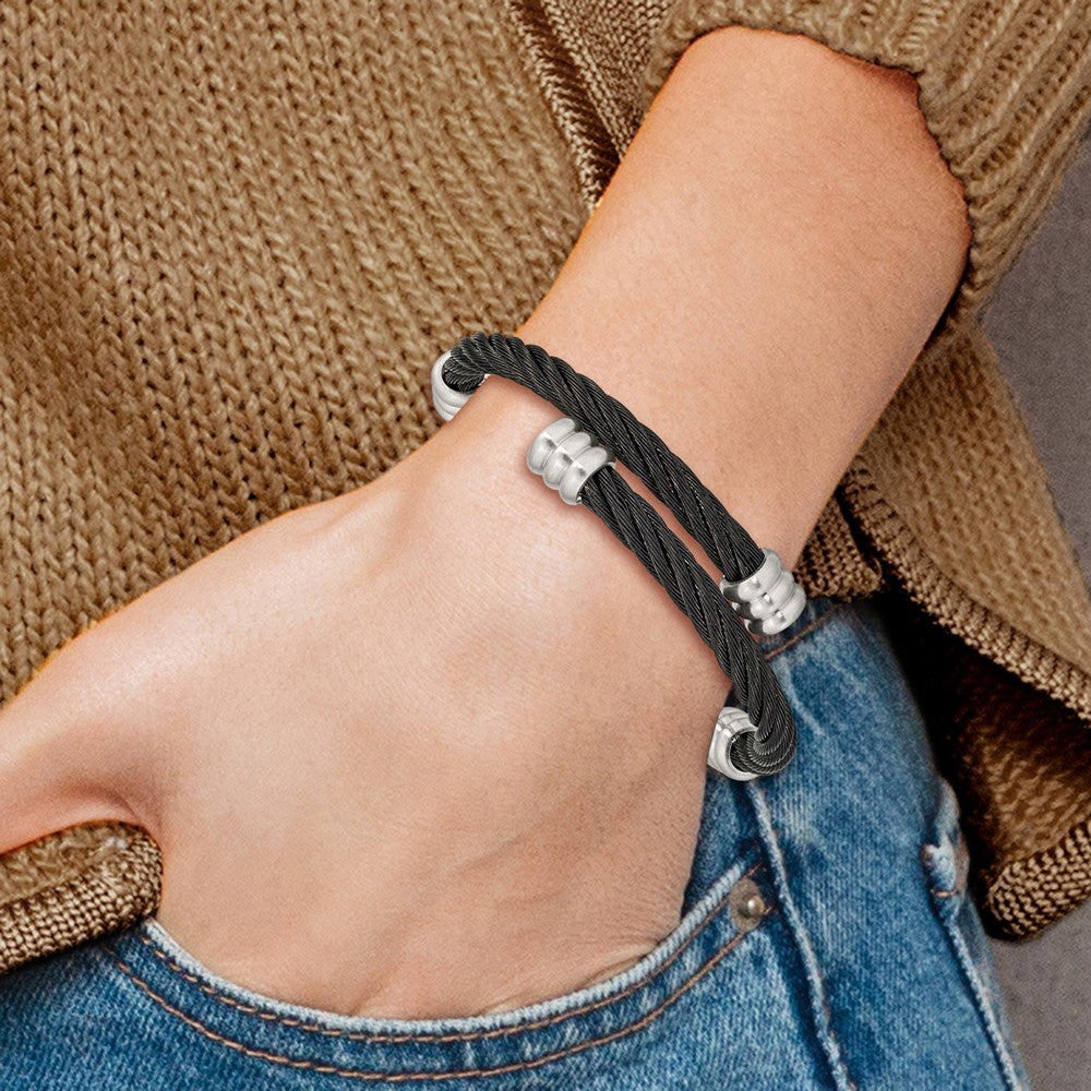 Stainless Steel Brushed and Polished Black IP Wire Flexible Bangle 6.75 inches