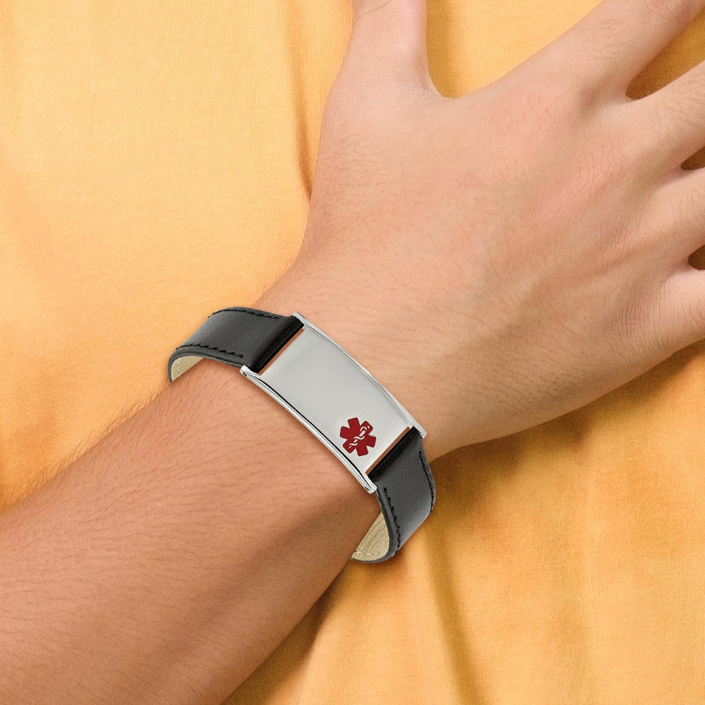 Stainless Steel Polished Enamel Leather Adj 6.5-8.25in Medical Bracelet 8.25 inches