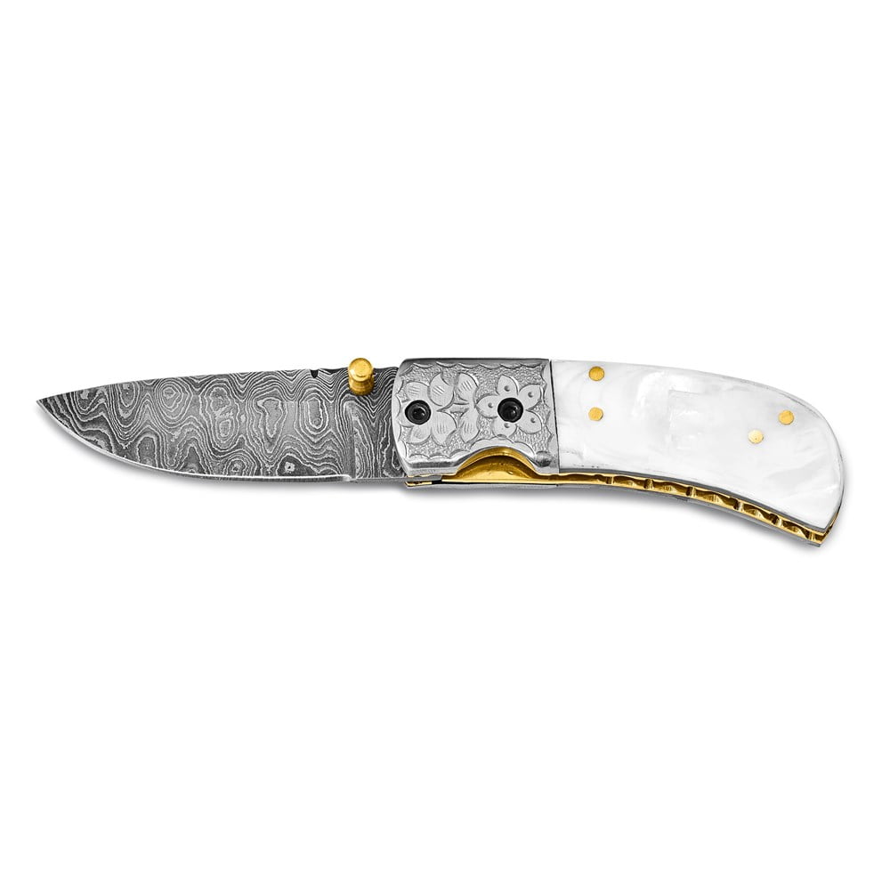 Luxury Giftware Damascus Steel 256 Layer Folding Blade Mother of Pearl Handle Knife with Leather Sheath and Wooden Gift Box QKN1413